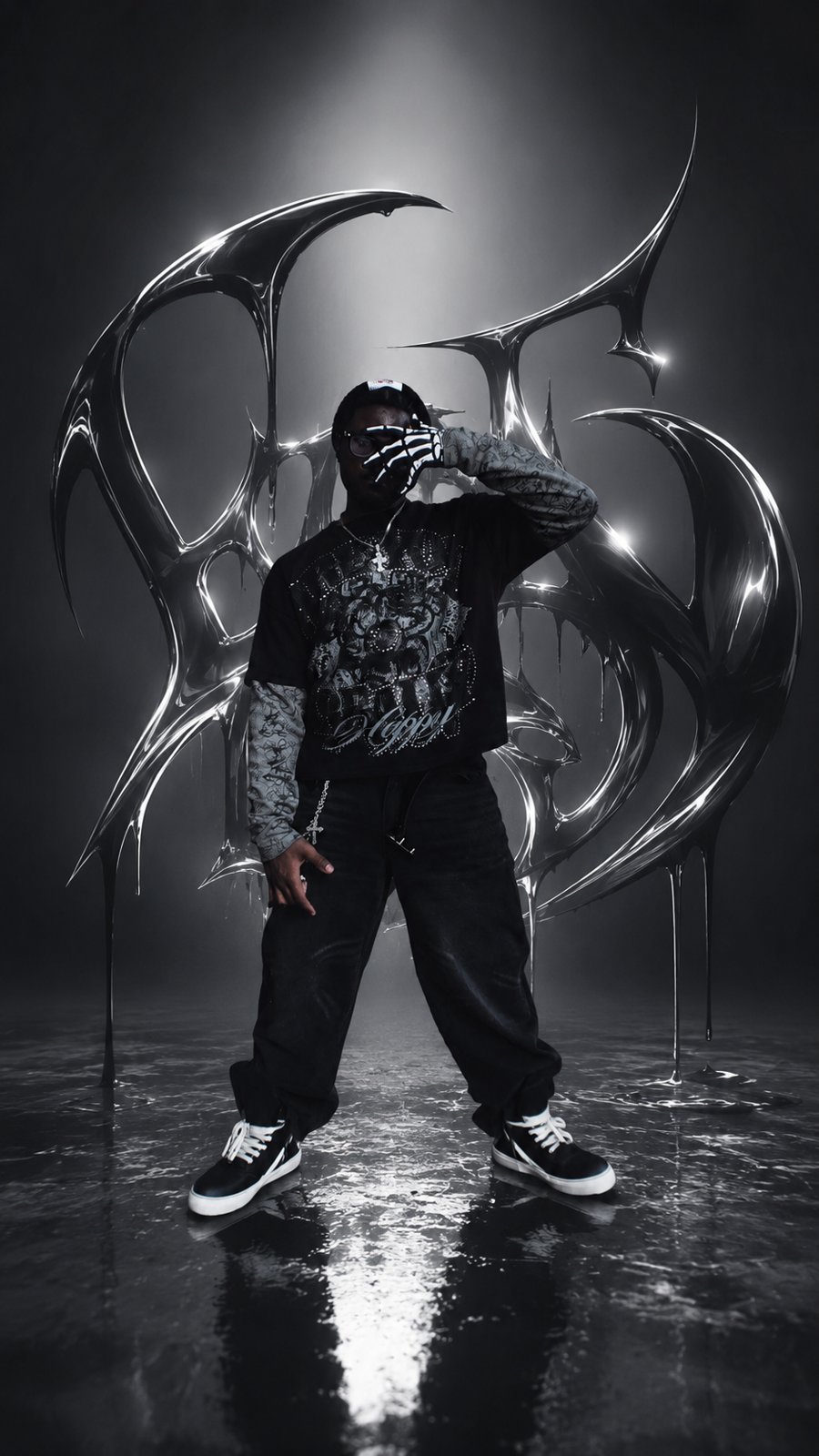 Black and white portrait of a man in streetwear posed in front of a chrome sculpture